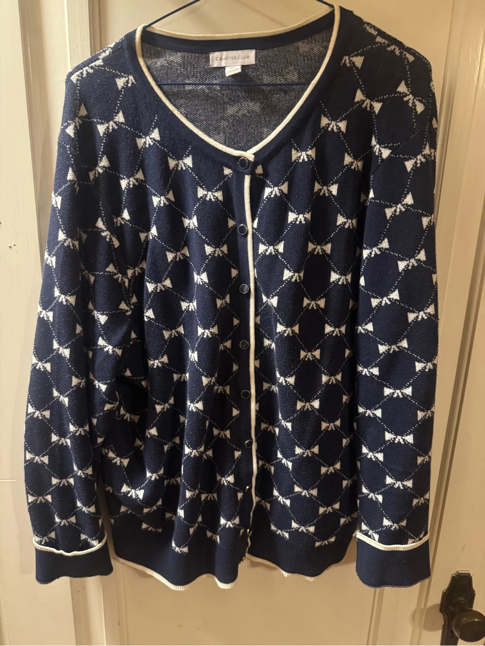 Charter Club Navy and White Bow Geometric Button Cardigan